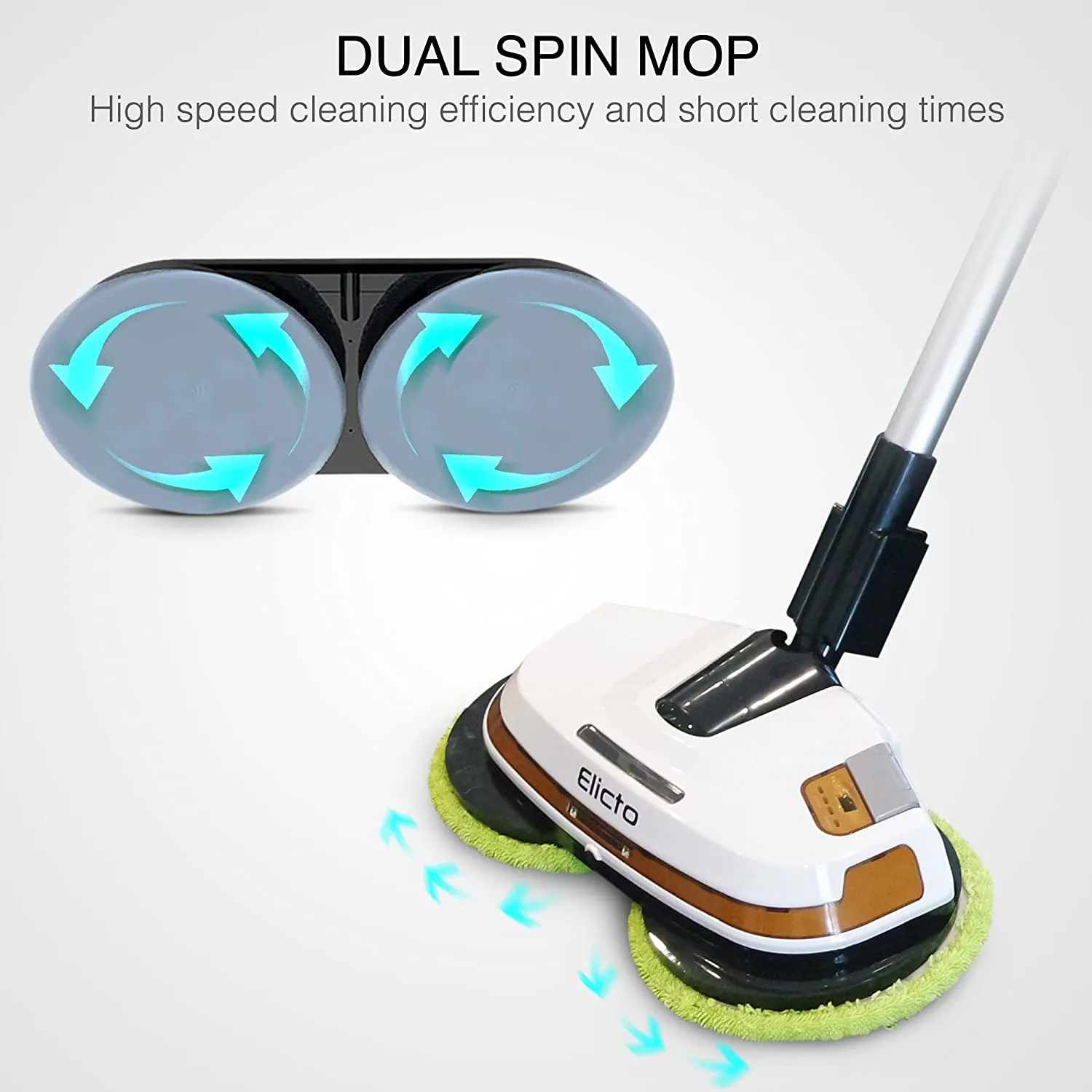 NIB! Elicto ES-500 Corded Electronic Spin Mop and Polisher, Dual Spin Technology, Water Spray Feature with 2 Sets of Reusable Microfiber Mop Heads for Indoor and Outdoor Use