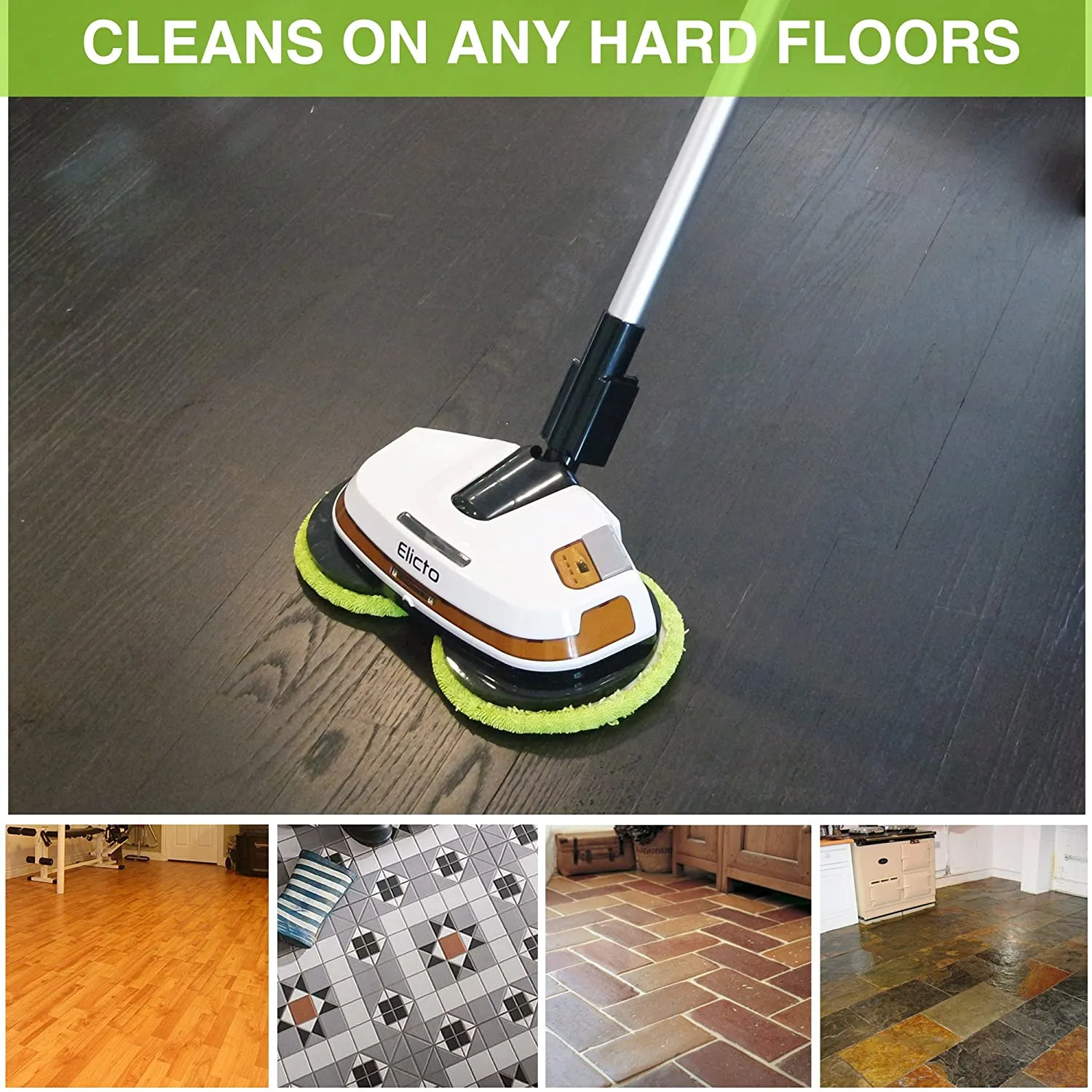 NIB! Elicto ES-500 Corded Electronic Spin Mop and Polisher, Dual Spin Technology, Water Spray Feature with 2 Sets of Reusable Microfiber Mop Heads for Indoor and Outdoor Use