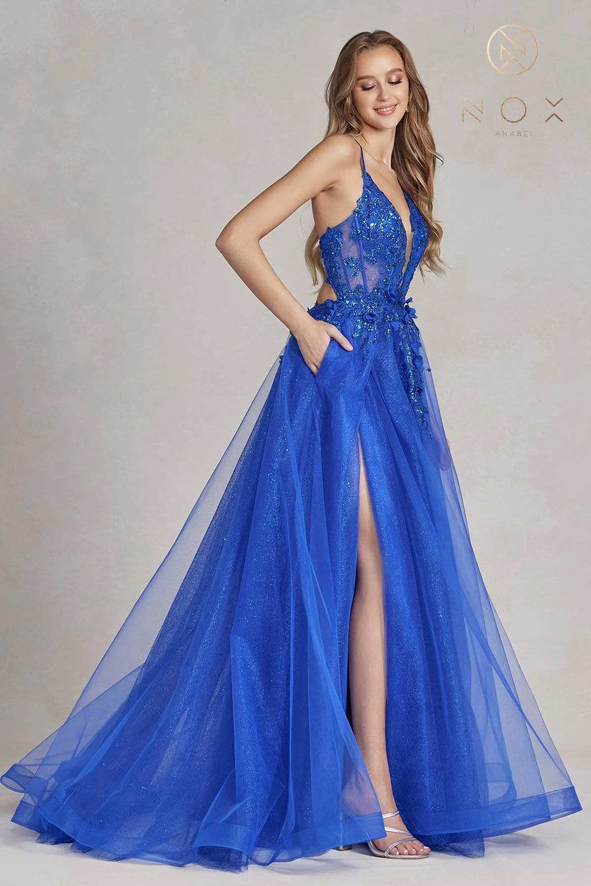 Nox Anabel C1113 Floor Length A-Line Ball Gown with Pockets and Slit