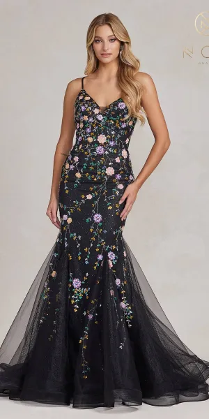Nox Anabel C1117 Long Trumpet Gown with Sequin Floral Applique