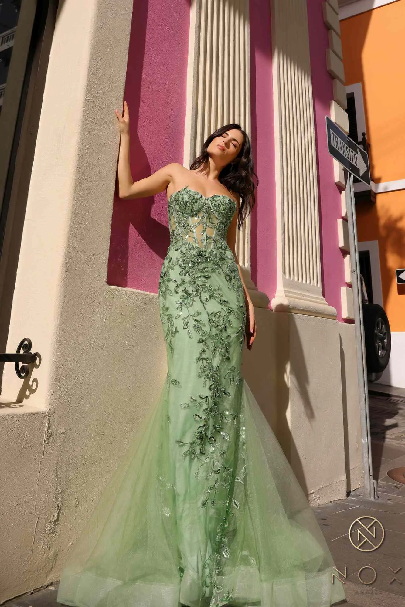 Nox Anabel G1258 Strapless Lace Applique Corset Bodice Mermaid Gown