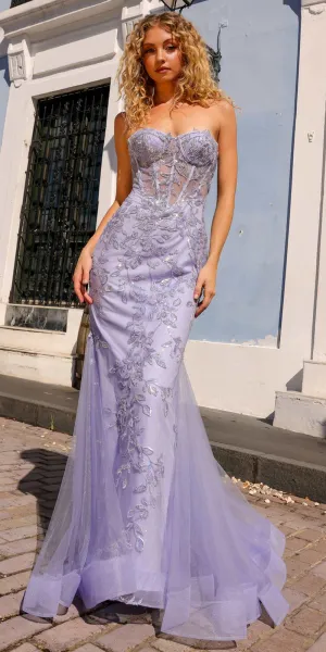 Nox Anabel G1258 Strapless Lace Applique Corset Bodice Mermaid Gown
