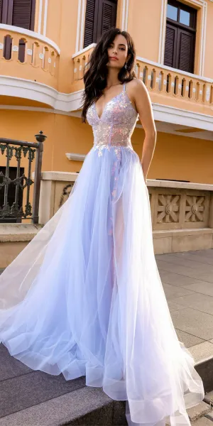 Nox Anabel G1354 Long Sequin Bodice Open Back Tulle A-Line Gown