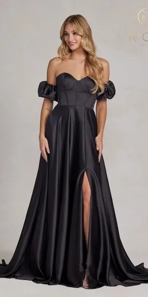 Nox Anabel K1122 Floor Length A-line Satin Gown with Detachable Puff Sleeves