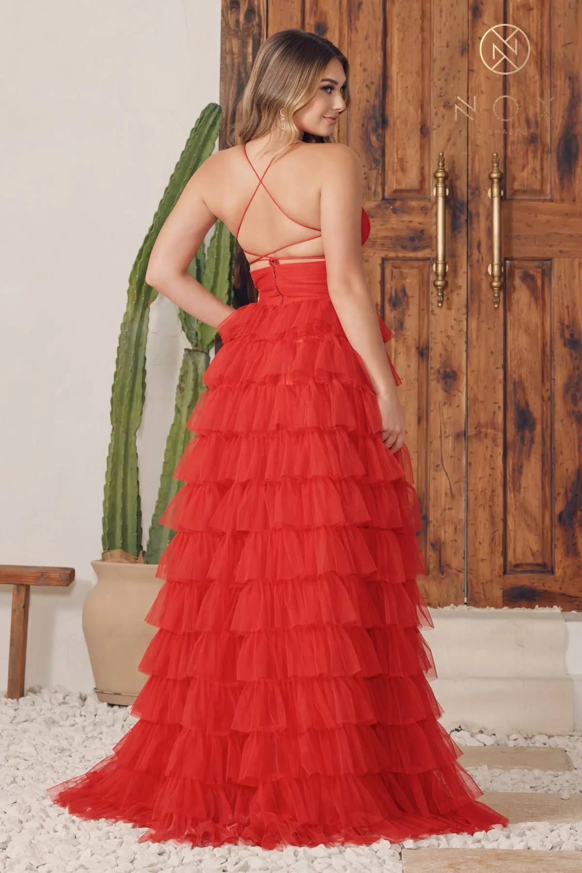 Nox Anabel R1240 Long Tiered Ruffled Skirt A-Line Spaghetti Strap Dress