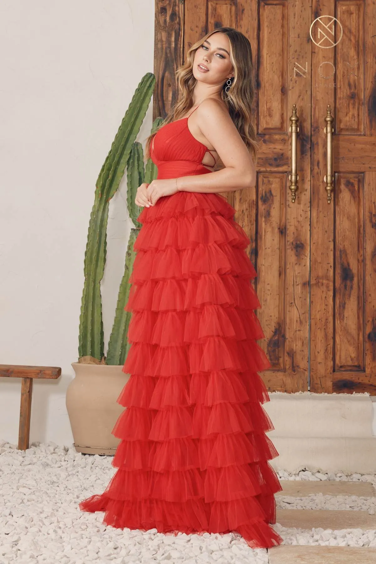 Nox Anabel R1240 Long Tiered Ruffled Skirt A-Line Spaghetti Strap Dress