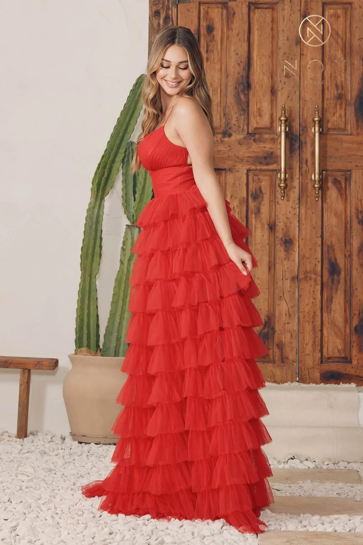Nox Anabel R1240 Long Tiered Ruffled Skirt A-Line Spaghetti Strap Dress