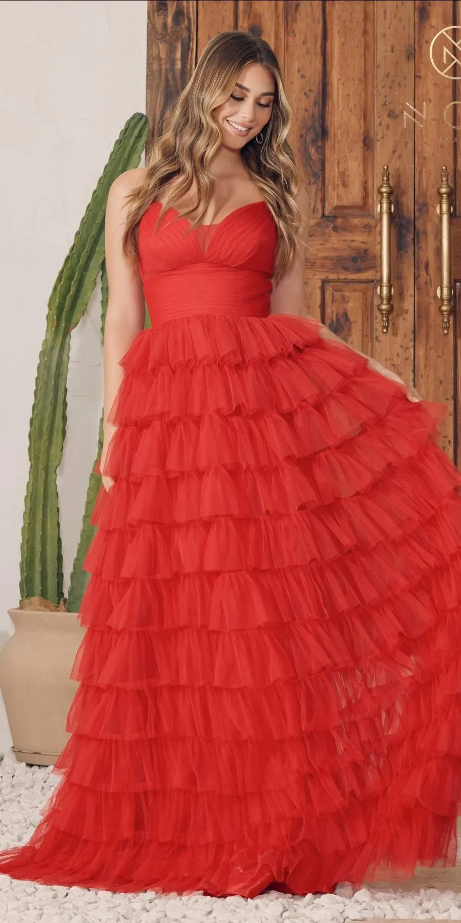Nox Anabel R1240 Long Tiered Ruffled Skirt A-Line Spaghetti Strap Dress