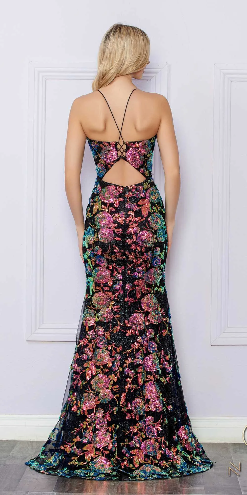 Nox Anabel R1439 Long Sequin Floral Applique Mermaid Gown Cut-Out Back
