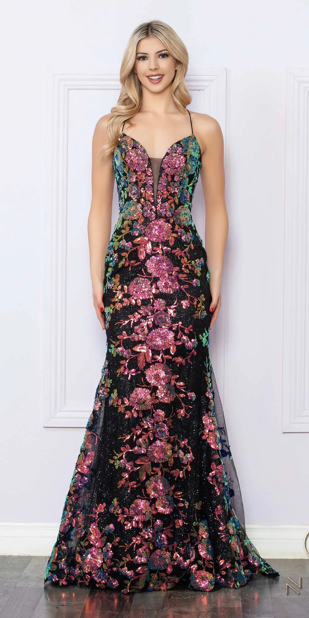 Nox Anabel R1439 Long Sequin Floral Applique Mermaid Gown Cut-Out Back