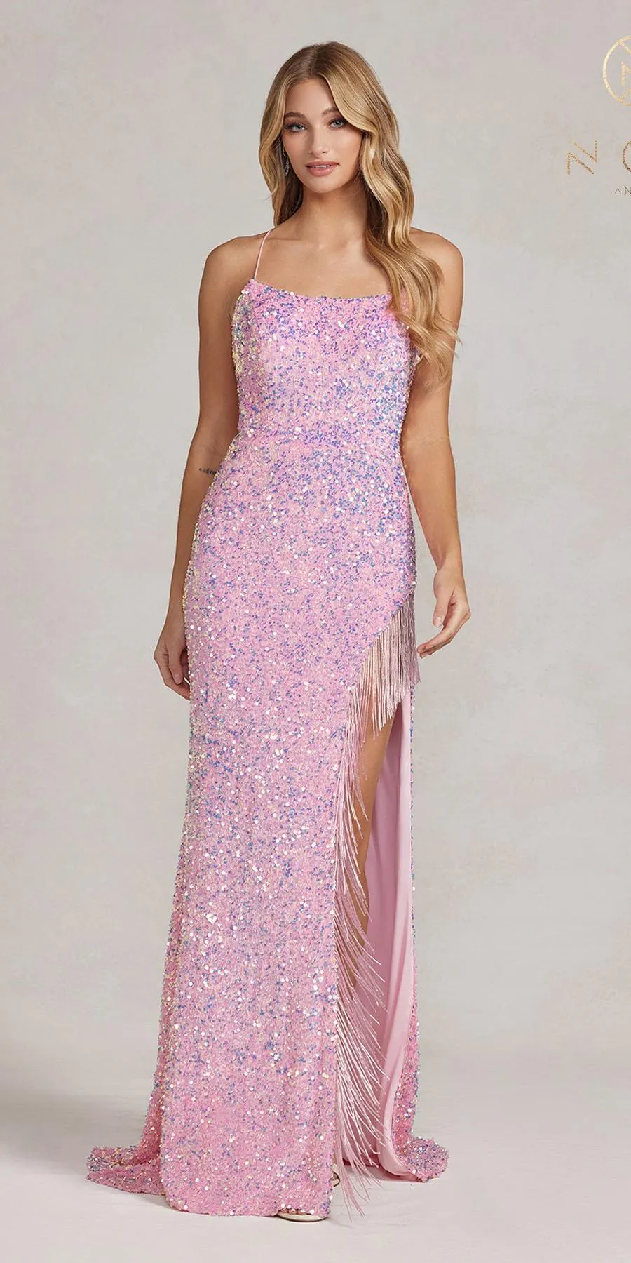 Nox Anabel T1209 Long Formal Sequin Gown with Fringe Leg Slit