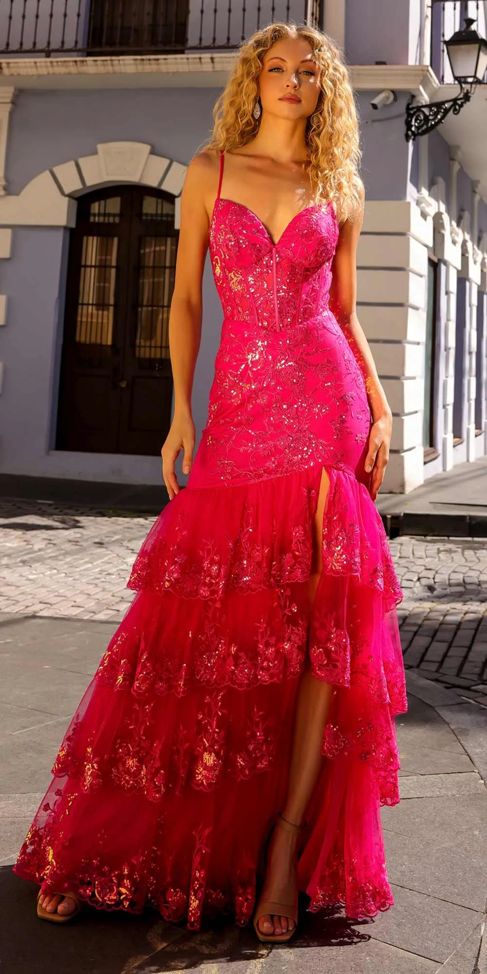 Nox Anabel T1337 Long Tiered Skirt Fitted Sequin Applique Mermaid Gown