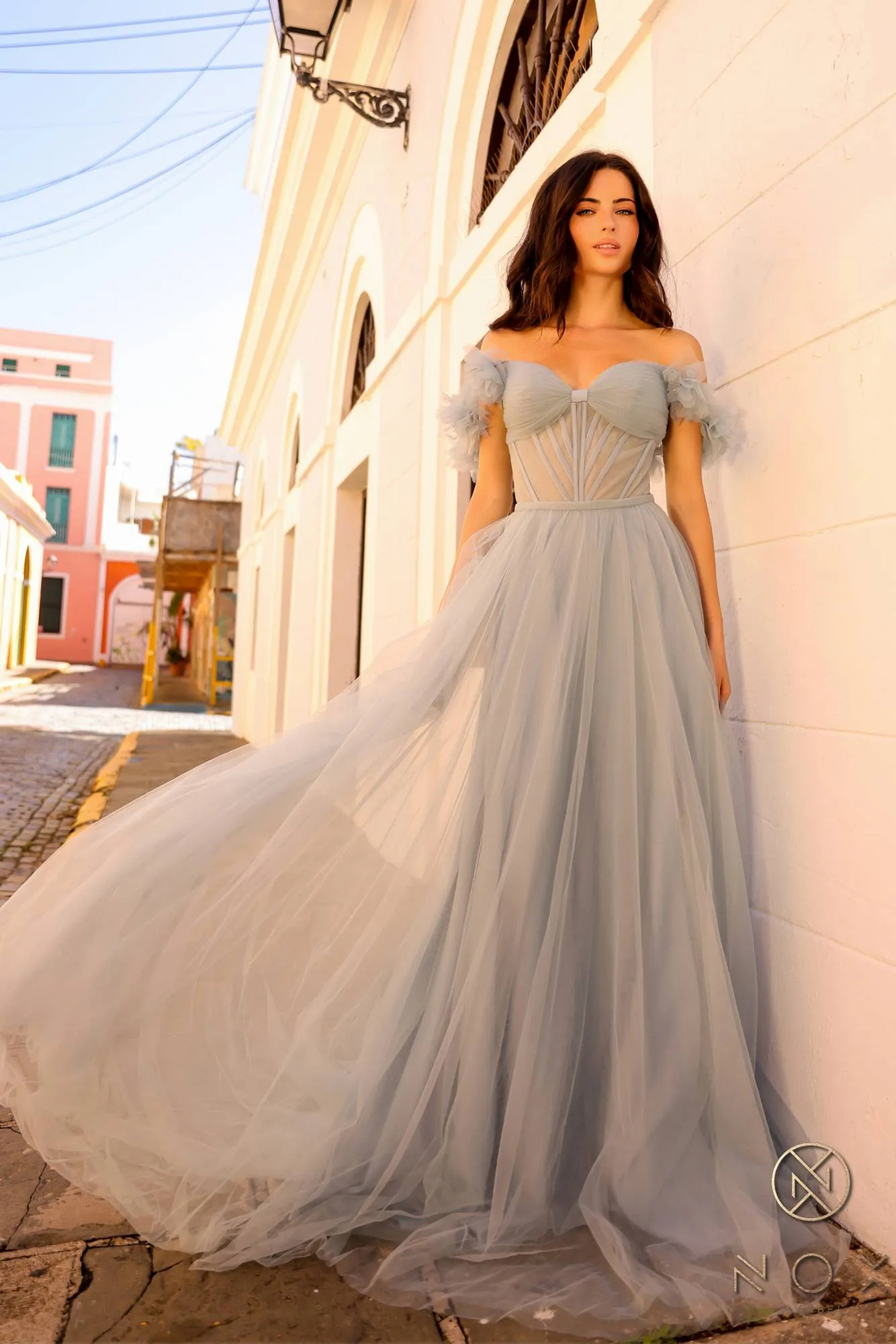 Nox Anabel Y1474 Long Ruffled Off the Shoulder Boned Bodice A-Line Gown