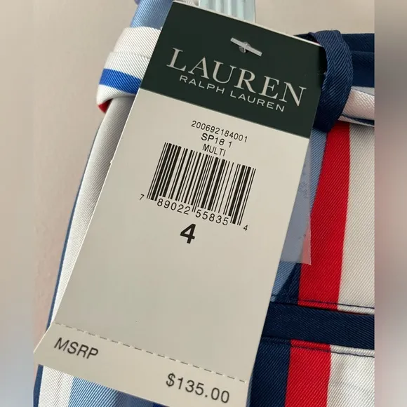 NWT Ralph Lauren Satin Striped Knee Length Belted Skirt Size 4 Blue, Red &amp; White