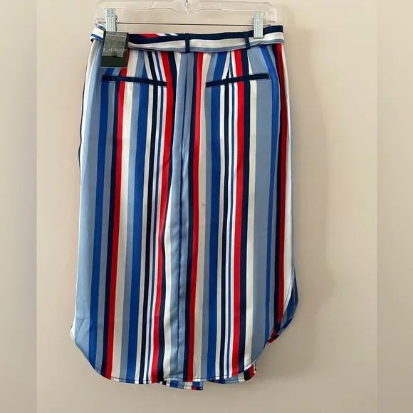 NWT Ralph Lauren Satin Striped Knee Length Belted Skirt Size 4 Blue, Red &amp; White