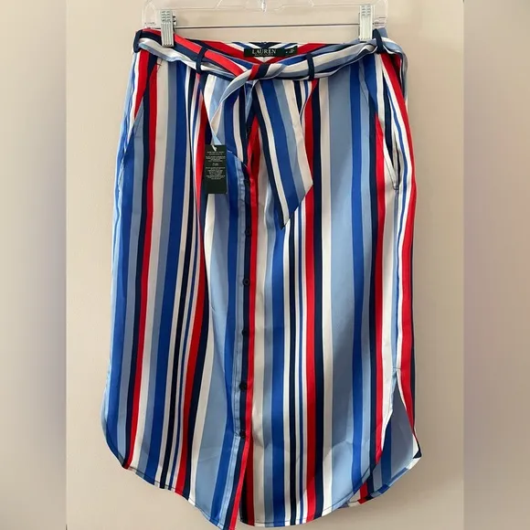 NWT Ralph Lauren Satin Striped Knee Length Belted Skirt Size 4 Blue, Red &amp; White