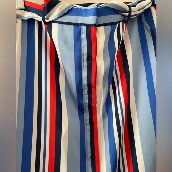 NWT Ralph Lauren Satin Striped Knee Length Belted Skirt Size 4 Blue, Red &amp; White