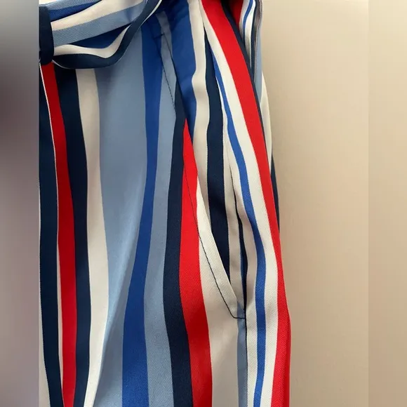 NWT Ralph Lauren Satin Striped Knee Length Belted Skirt Size 4 Blue, Red &amp; White