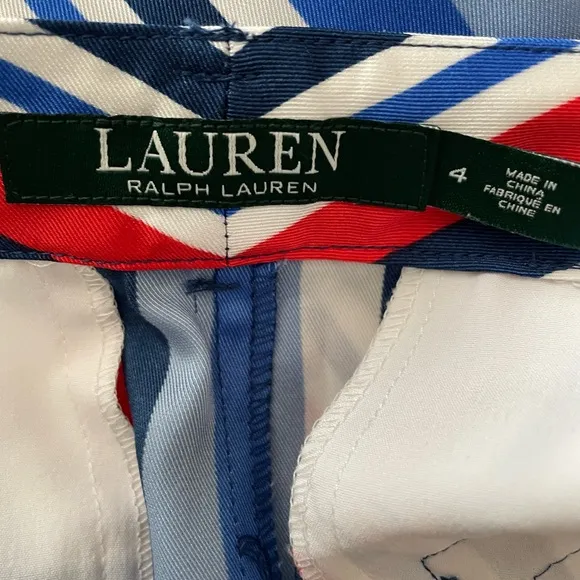 NWT Ralph Lauren Satin Striped Knee Length Belted Skirt Size 4 Blue, Red &amp; White
