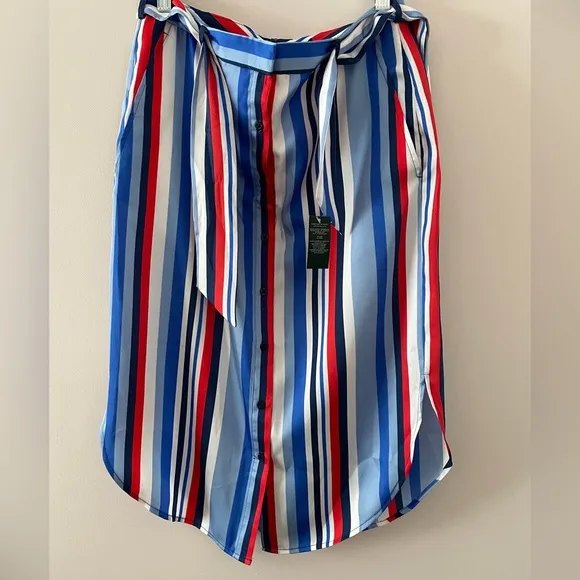 NWT Ralph Lauren Satin Striped Knee Length Belted Skirt Size 4 Blue, Red &amp; White