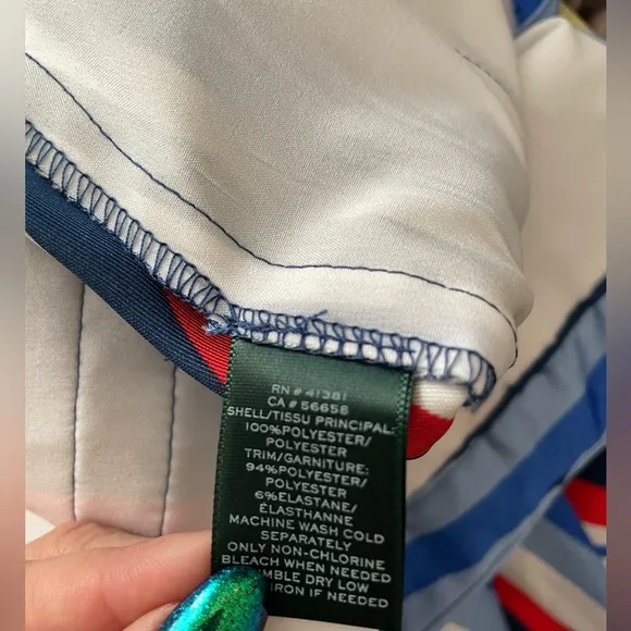 NWT Ralph Lauren Satin Striped Knee Length Belted Skirt Size 4 Blue, Red &amp; White