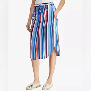 NWT Ralph Lauren Satin Striped Knee Length Belted Skirt Size 4 Blue, Red &amp; White