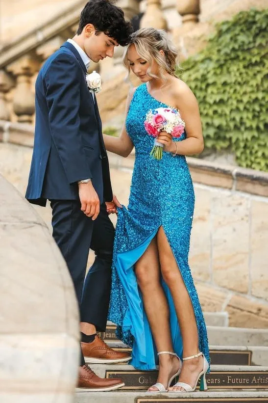 One Shoulder Blue Mermaid Long Prom Dress
