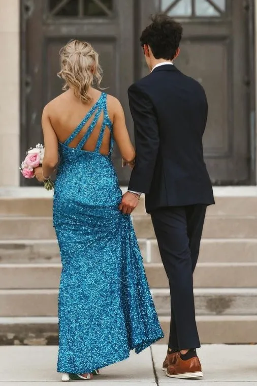 One Shoulder Blue Mermaid Long Prom Dress