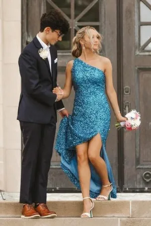 One Shoulder Blue Mermaid Long Prom Dress