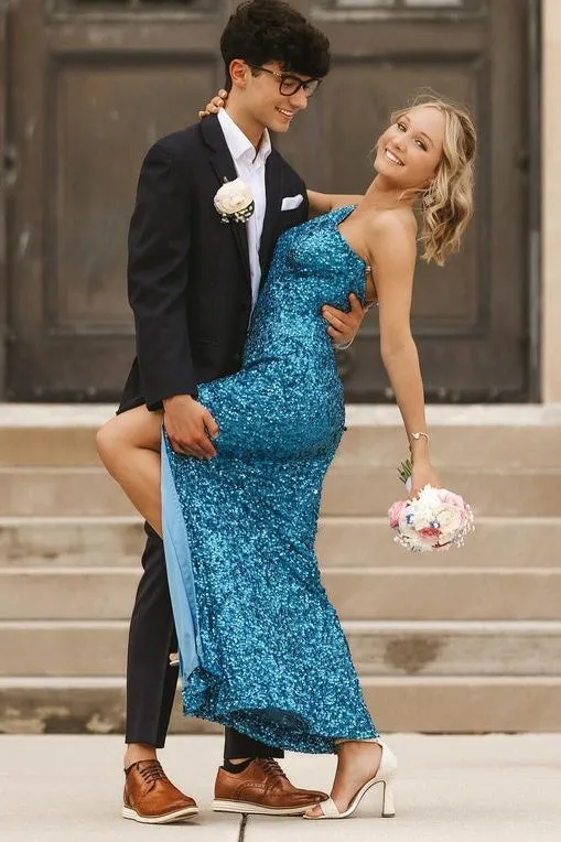 One Shoulder Blue Mermaid Long Prom Dress