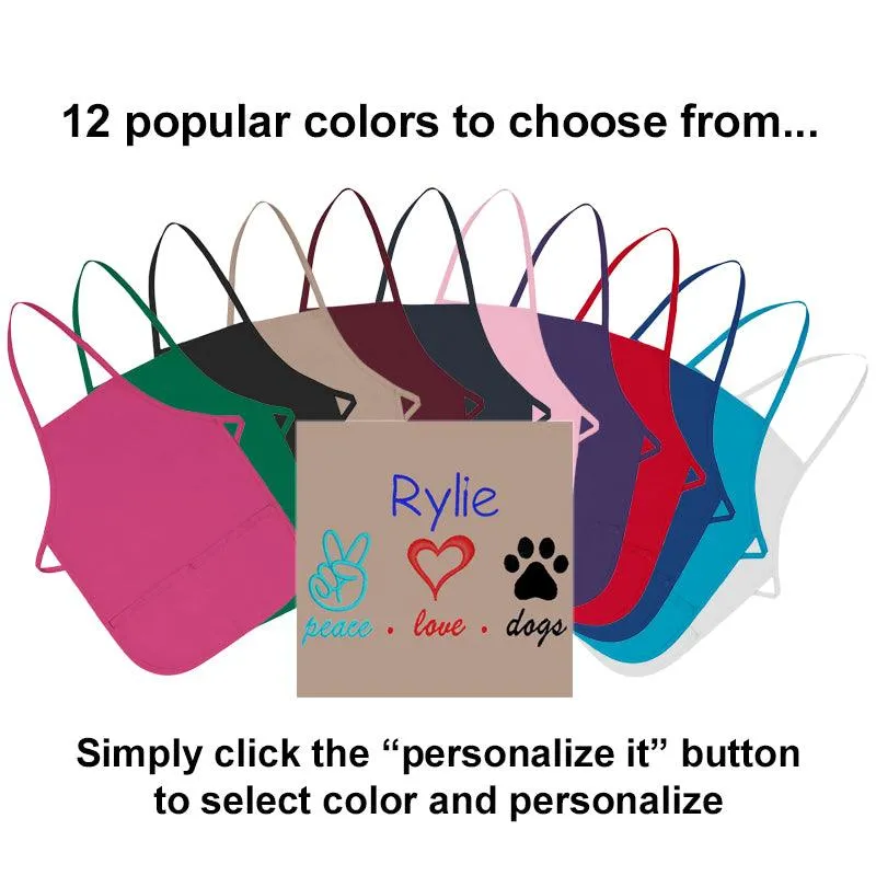 Personalized Child Apron Embroidered Peace Love Dog Design Add a Name