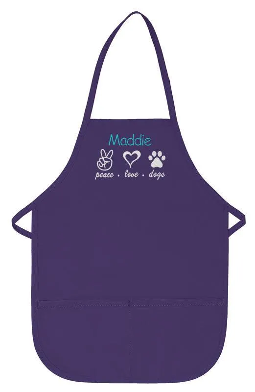 Personalized Child Apron Embroidered Peace Love Dog Design Add a Name