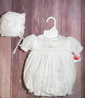 Petit Ami Baby Girls Smocked Bunny Tail Bubble Romper & Bonnet in Newborn