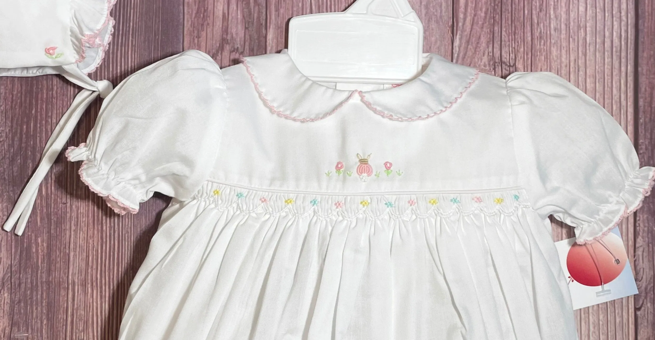 Petit Ami Baby Girls Smocked Bunny Tail Bubble Romper & Bonnet in Newborn
