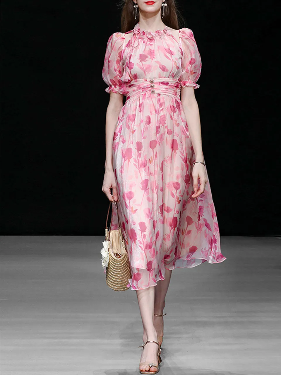 Pink Floral Print Ruffles 1950S Chiffon Vintage Dress