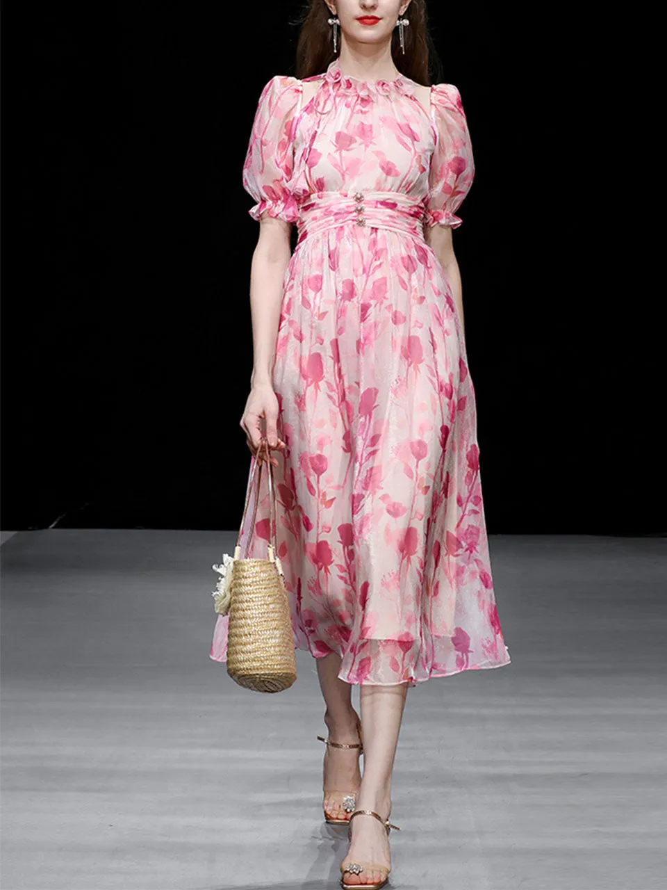 Pink Floral Print Ruffles 1950S Chiffon Vintage Dress