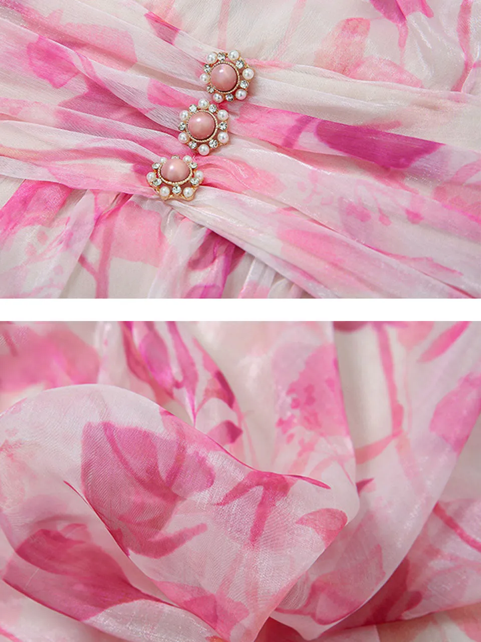 Pink Floral Print Ruffles 1950S Chiffon Vintage Dress