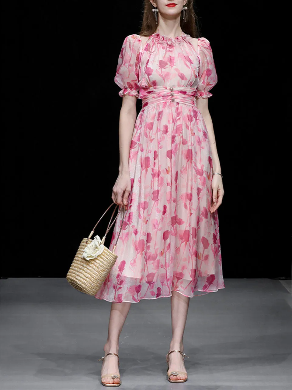 Pink Floral Print Ruffles 1950S Chiffon Vintage Dress