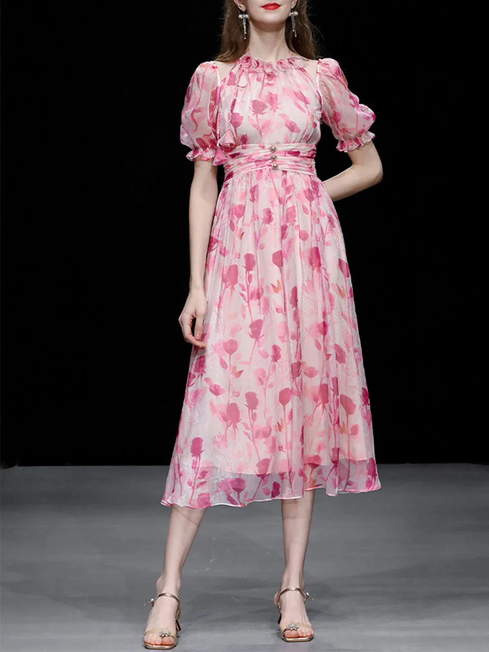 Pink Floral Print Ruffles 1950S Chiffon Vintage Dress