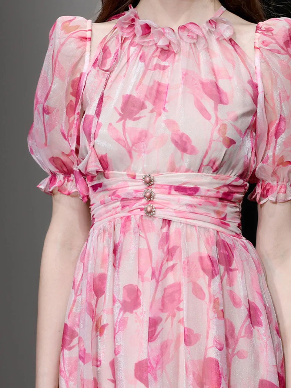 Pink Floral Print Ruffles 1950S Chiffon Vintage Dress