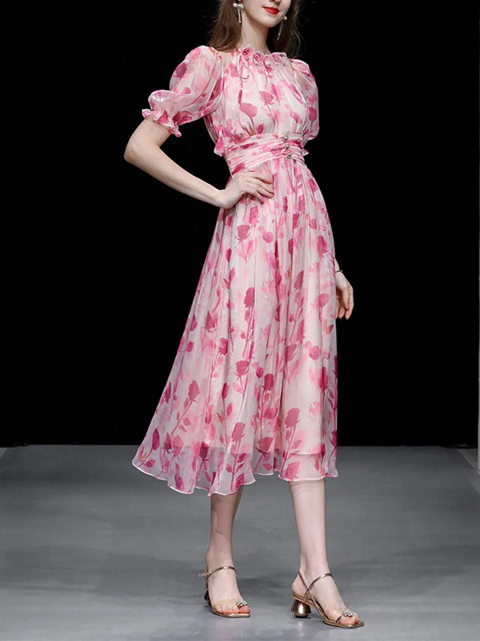Pink Floral Print Ruffles 1950S Chiffon Vintage Dress