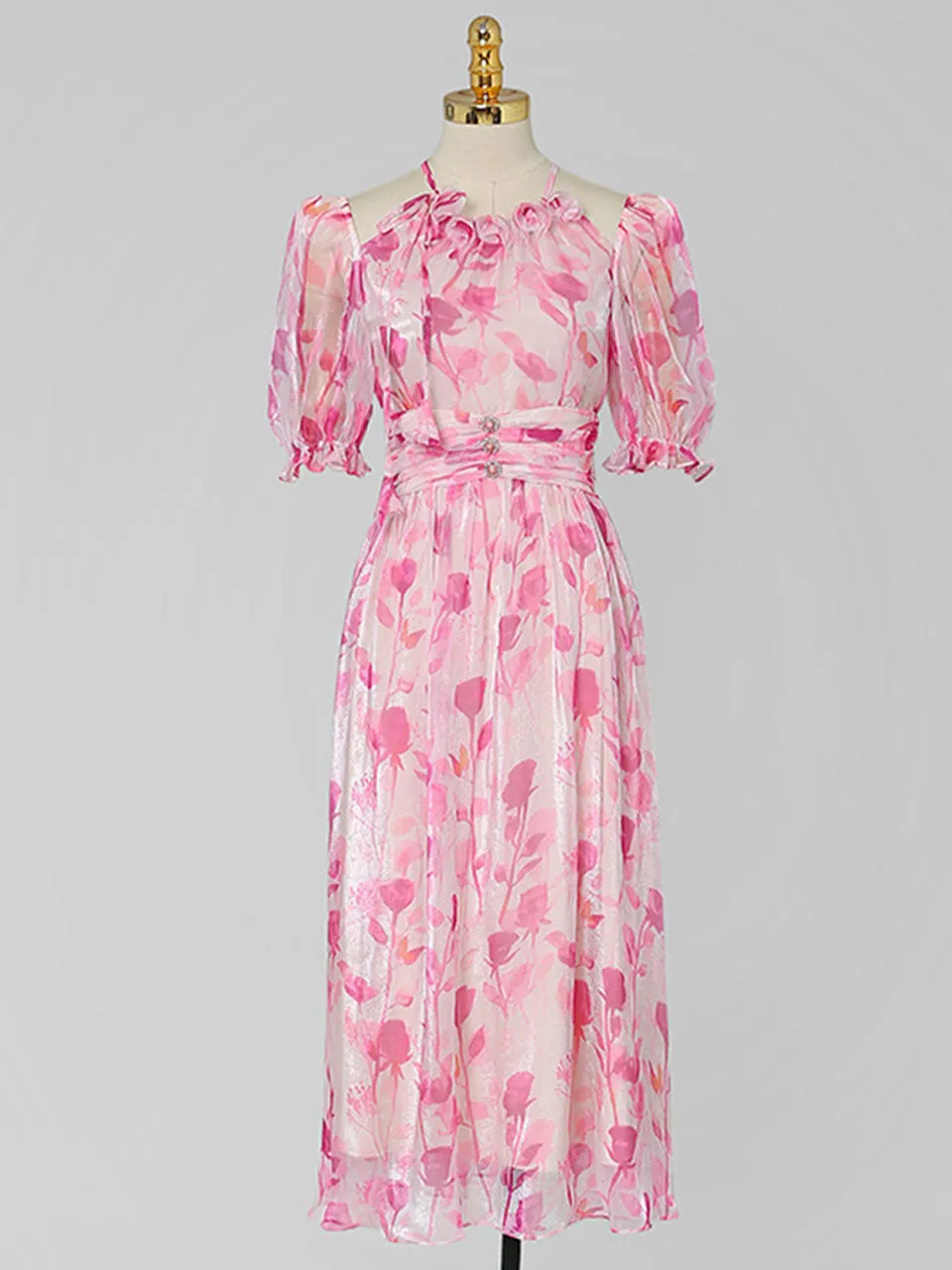 Pink Floral Print Ruffles 1950S Chiffon Vintage Dress
