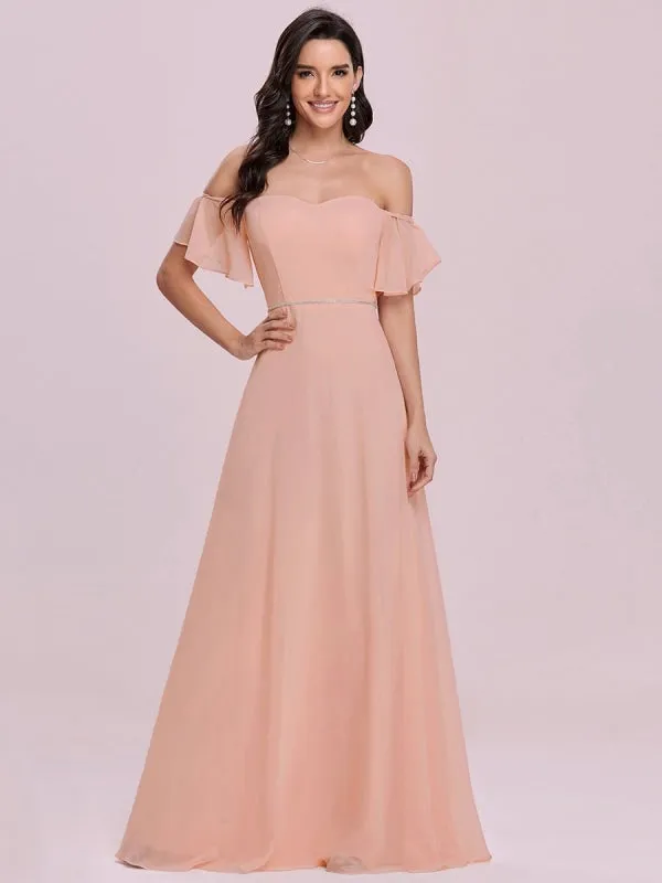 Pink Prom Dress Off-The-Shoulder A-Line Sleeveless Sash Chiffon Pageant Dresses
