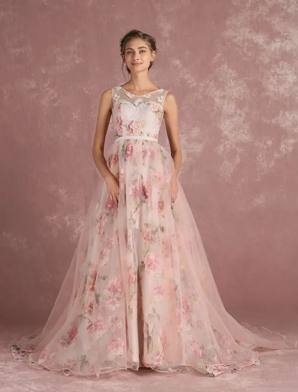 Pink Prom Dresses 2021 Long Floral Print Organza Pageant Dress Backless Chapel Train Party Dress