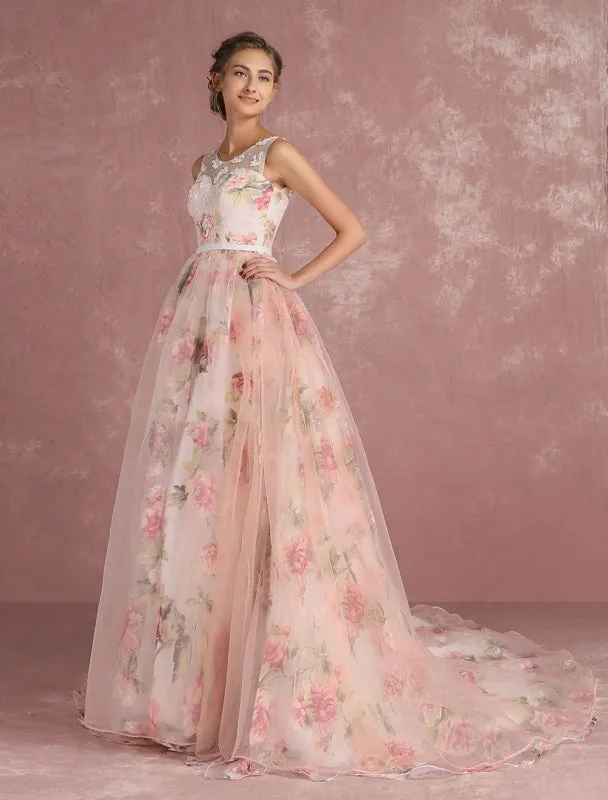 Pink Prom Dresses 2021 Long Floral Print Organza Pageant Dress Backless Chapel Train Party Dress