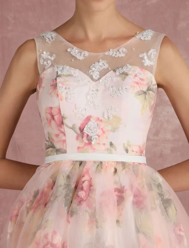 Pink Prom Dresses 2021 Long Floral Print Organza Pageant Dress Backless Chapel Train Party Dress