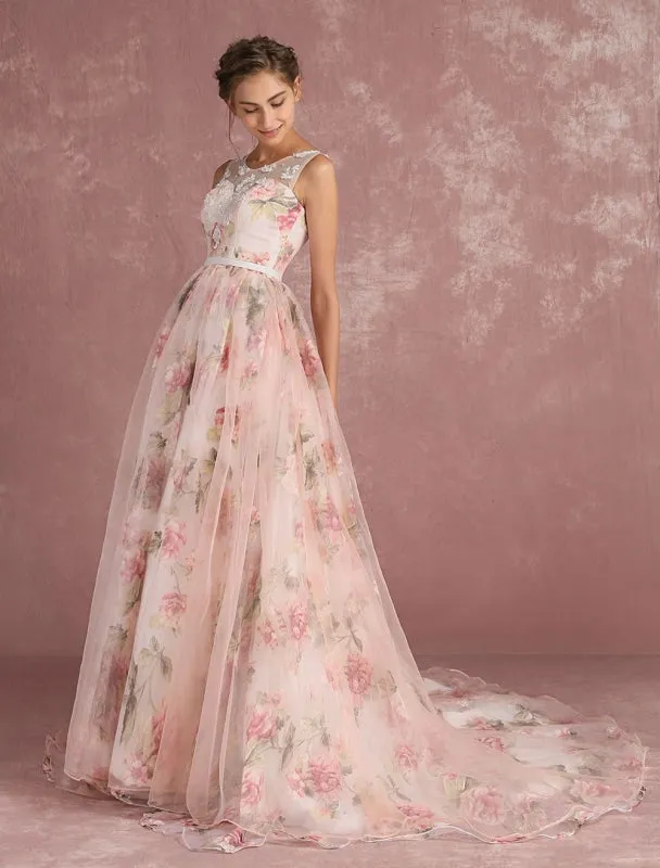 Pink Prom Dresses 2021 Long Floral Print Organza Pageant Dress Backless Chapel Train Party Dress