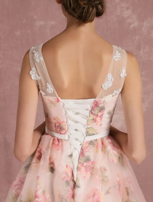 Pink Prom Dresses 2021 Long Floral Print Organza Pageant Dress Backless Chapel Train Party Dress