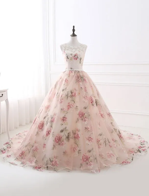 Pink Prom Dresses 2021 Long Floral Print Organza Pageant Dress Backless Chapel Train Party Dress