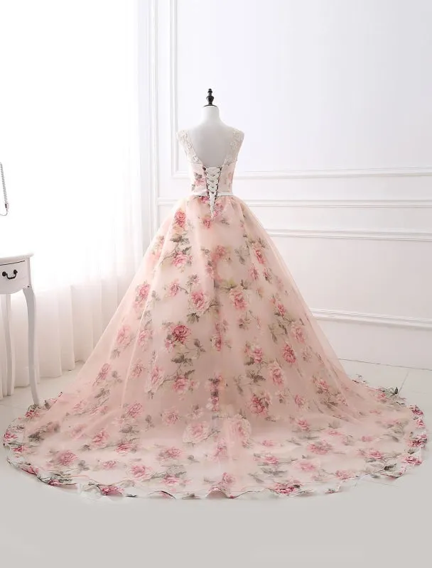 Pink Prom Dresses 2021 Long Floral Print Organza Pageant Dress Backless Chapel Train Party Dress